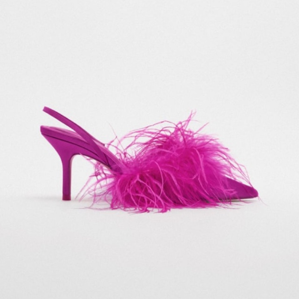 Zara Feathered Fabric Heeled Shoes Hot Pink NWT